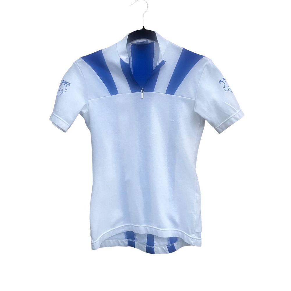 Descente Womens Cycling Jersey Small White Blue Striped Quarter Zip Short Sleeve